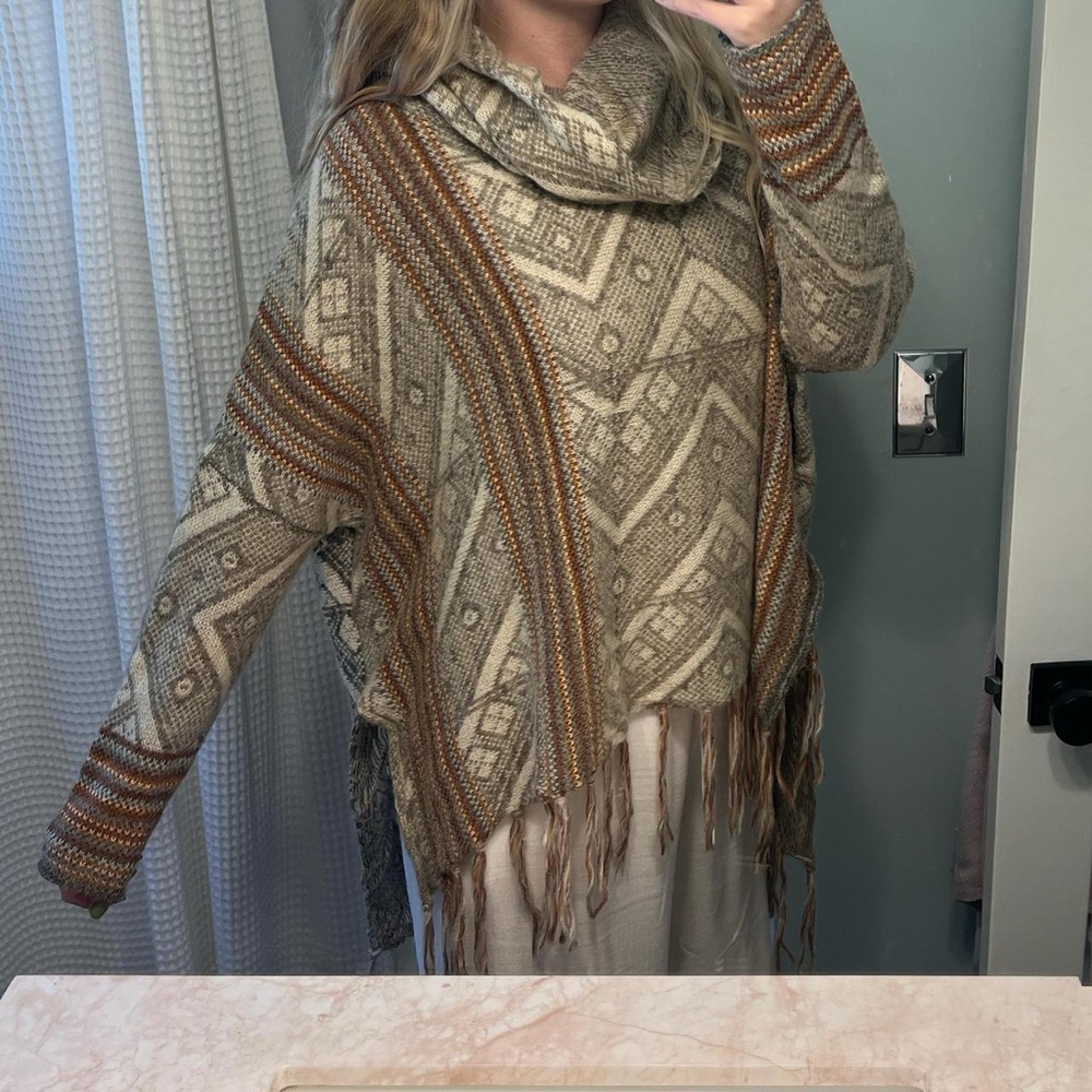 Free People Cream and Brown Poncho Shrug